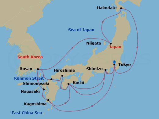19 Night - Grand Circle Japan - Diamond Princess - Starting in Tokyo, Japan, Hakodate, Japan, Niigata, Japan, Busan, South Korea, Nagasaki, Japan, Kagoshima, Japan, Kochi, Japan, Shimizu (for Mount Fuji), Japan, Tokyo, Japan, Shimizu (for Mount Fuji), Japan, Kochi, Japan, Hiroshima, Japan, Kanmon Straits, Japan, Shimonoseki, Japan, Busan, South Korea, Nagasaki, Japan, Kagoshima, Japan, Tokyo, Japan itinerary map