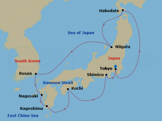 10 Night - Circle Japan - Diamond Princess - Starting in Tokyo, Japan, Hakodate, Japan, Niigata, Japan, Busan, South Korea, Nagasaki, Japan, Kagoshima, Japan, Kochi, Japan, Shimizu (for Mount Fuji), Japan, Tokyo, Japan itinerary map