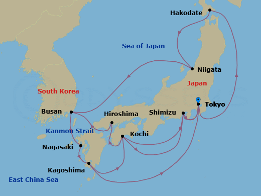 19 Night - Grand Circle Japan - Diamond Princess - Starting in Tokyo, Japan, Shimizu (for Mount Fuji), Japan, Kochi, Japan, Hiroshima, Japan, Kanmon Straits, Japan, Busan, South Korea, Nagasaki, Japan, Kagoshima, Japan, Tokyo, Japan, Hakodate, Japan, Niigata, Japan, Busan, South Korea, Nagasaki, Japan, Kagoshima, Japan, Kochi, Japan, Shimizu (for Mount Fuji), Japan, Tokyo, Japan itinerary map