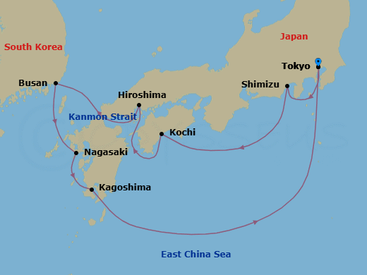 9 Night - Japan Explorer - Diamond Princess - Starting in Tokyo, Japan, Shimizu (for Mount Fuji), Japan, Kochi, Japan, Hiroshima, Japan, Kanmon Straits, Japan, Busan, South Korea, Nagasaki, Japan, Kagoshima, Japan, Tokyo, Japan itinerary map