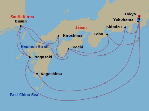 16 Night - Grand Japan - Diamond Princess - Starting in Tokyo (Yokohama), Japan, Nagasaki, Japan, Busan, South Korea, Kanmon Straits, Japan, Kochi, Japan, Toba, Japan, Tokyo, Japan, Shimizu (for Mount Fuji), Japan, Kochi, Japan, Hiroshima, Japan, Kanmon Straits, Japan, Busan, South Korea, Nagasaki, Japan, Kagoshima, Japan, Tokyo, Japan itinerary map