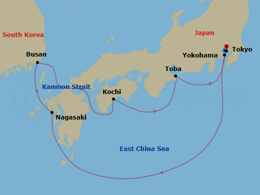 7 Night - Japan Explorer - Diamond Princess - Starting in Tokyo (Yokohama), Japan, Nagasaki, Japan, Busan, South Korea, Kanmon Straits, Japan, Kochi, Japan, Toba, Japan, Tokyo, Japan itinerary map