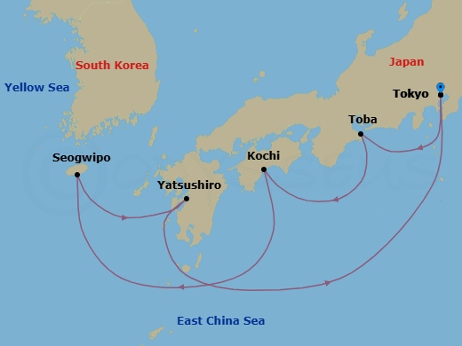 7 Night - Japan & Korea - Diamond Princess - Starting in Tokyo, Japan, Toba, Japan, Kochi, Japan, Kanmon Straits, Japan, Jeju (Seogwipo), South Korea, Yatsushiro, Japan, Tokyo, Japan itinerary map