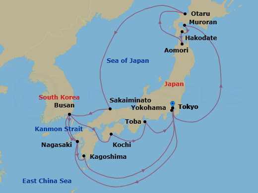 19 Night - Grand Japan Cherry Blossoms - Diamond Princess - Starting in Tokyo, Japan, Muroran, Japan, Hakodate, Japan, Aomori, Japan, Otaru, Japan, Sakaiminato, Japan, Busan, South Korea, Nagasaki, Japan, Kagoshima, Japan, Tokyo (Yokohama), Japan, Nagasaki, Japan, Busan, South Korea, Kanmon Straits, Japan, Kochi, Japan, Toba, Japan, Tokyo, Japan itinerary map