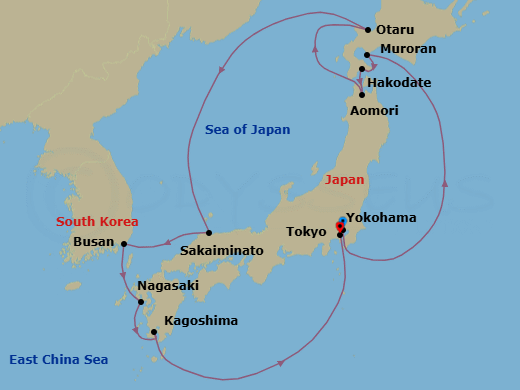 12 Night - Hokkaido Cherry Blossoms - Diamond Princess - Starting in Tokyo, Japan, Muroran, Japan, Hakodate, Japan, Aomori, Japan, Otaru, Japan, Sakaiminato, Japan, Busan, South Korea, Nagasaki, Japan, Kagoshima, Japan, Tokyo (Yokohama), Japan itinerary map