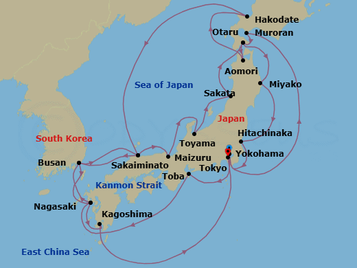 24 Night - Grand Japan Cherry Blossoms - Diamond Princess - Starting in Tokyo, Japan, Toba, Japan, Nagasaki, Japan, Busan, South Korea, Sakaiminato, Japan, Maizuru, Japan, Toyama (Fushiki), Japan, Sakata, Japan, Hakodate, Japan, Miyako, Japan, Hitachinaka (for Nikko), Japan, Tokyo, Japan, Muroran, Japan, Hakodate, Japan, Aomori, Japan, Otaru, Japan, Sakaiminato, Japan, Busan, South Korea, Nagasaki, Japan, Kagoshima, Japan, Tokyo (Yokohama), Japan itinerary map