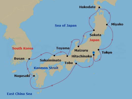 12 Night - Circle Japan Cherry Blossoms - Diamond Princess - Starting in Tokyo, Japan, Toba, Japan, Nagasaki, Japan, Busan, South Korea, Sakaiminato, Japan, Maizuru, Japan, Toyama (Fushiki), Japan, Sakata, Japan, Hakodate, Japan, Miyako, Japan, Hitachinaka (for Nikko), Japan, Tokyo, Japan itinerary map
