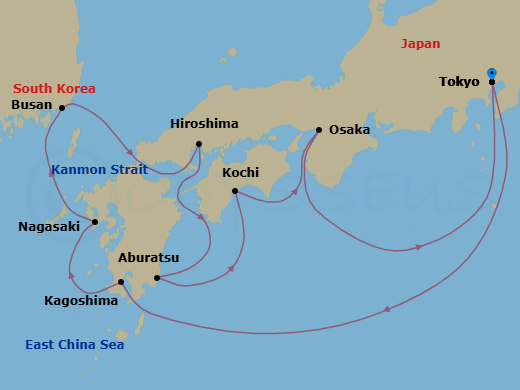 11 Night - Japan Explorer Cherry Blossoms - Diamond Princess - Starting in Tokyo, Japan, Kagoshima, Japan, Nagasaki, Japan, Busan, South Korea, Kanmon Straits, Japan, Hiroshima, Japan, Miyazaki (Aburatsu), Japan, Kochi, Japan, Osaka (for Kyoto), Japan, Tokyo, Japan itinerary map