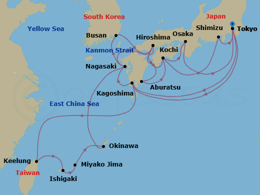 25 Night - Grand Japan with Okinawa & Taiwan Cherry Blossoms - Diamond Princess - Starting in Tokyo, Japan, Kagoshima, Japan, Taipei (Keelung), Ishigaki, Japan, Miyakojima, Japan, Okinawa, Japan, Nagasaki, Japan, Kanmon Straits, Japan, Hiroshima, Japan, Kochi, Japan, Shimizu (for Mount Fuji), Japan, Tokyo, Japan, Kagoshima, Japan, Nagasaki, Japan, Busan, South Korea, Kanmon Straits, Japan, Hiroshima, Japan, Miyazaki (Aburatsu), Japan, Kochi, Japan, Osaka (for Kyoto), Japan, Tokyo, Japan itinerary map