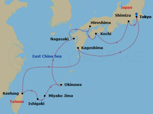 14 Night - Okinawa & Taiwan - Diamond Princess - Starting in Tokyo, Japan, Kagoshima, Japan, Taipei (Keelung), Ishigaki, Japan, Miyakojima, Japan, Okinawa, Japan, Nagasaki, Japan, Kanmon Straits, Japan, Hiroshima, Japan, Kochi, Japan, Shimizu (for Mount Fuji), Japan, Tokyo, Japan itinerary map