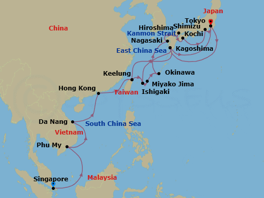 27 Night - Japan & Southeast Asia - Diamond Princess - Starting in Singapore, Ho Chi Minh City (Phu My), Vietnam, Da Nang / Hue (Chan May), Vietnam, Hong Kong, Taipei (Keelung), Ishigaki, Japan, Kagoshima, Japan, Tokyo, Japan, Kagoshima, Japan, Taipei (Keelung), Ishigaki, Japan, Miyakojima, Japan, Okinawa, Japan, Nagasaki, Japan, Kanmon Straits, Japan, Hiroshima, Japan, Kochi, Japan, Shimizu (for Mount Fuji), Japan, Tokyo, Japan itinerary map