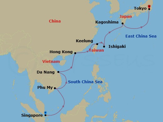 13 Night - Southeast Asia & Japan - Diamond Princess - Starting in Singapore, Ho Chi Minh City (Phu My), Vietnam, Da Nang / Hue (Chan May), Vietnam, Hong Kong, Taipei (Keelung), Ishigaki, Japan, Kagoshima, Japan, Tokyo, Japan itinerary map