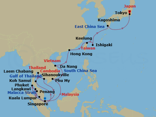 26 Night - Southeast Asia & Japan - Diamond Princess - Starting in Singapore, Phuket, Thailand, Langkawi, Malaysia, Penang, Malaysia, Kuala Lumpur (Port Kelang), Malaysia, Ko Samui, Thailand, Laem Chabang (for Bangkok), Thailand, Sihanoukville, Cambodia, Singapore, Ho Chi Minh City (Phu My), Vietnam, Da Nang / Hue (Chan May), Vietnam, Hong Kong, Taipei (Keelung), Ishigaki, Japan, Kagoshima, Japan, Tokyo, Japan itinerary map