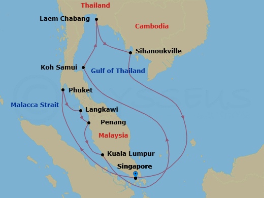 13 Night - Malaysia & Thailand - Diamond Princess - Starting in Singapore, Phuket, Thailand, Langkawi, Malaysia, Penang, Malaysia, Kuala Lumpur (Port Kelang), Malaysia, Ko Samui, Thailand, Laem Chabang (for Bangkok), Thailand, Sihanoukville, Cambodia, Singapore itinerary map
