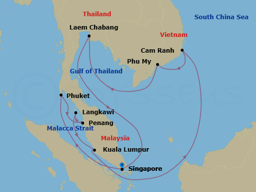 14 Night - Southeast Asia with Malaysia, Thailand & Vietnam - Diamond Princess - Starting in Singapore, Phuket, Thailand, Penang, Malaysia, Langkawi, Malaysia, Kuala Lumpur (Port Kelang), Malaysia, Cam Ranh (Nha Trang), Vietnam, Ho Chi Minh City (Phu My), Vietnam, Laem Chabang (for Bangkok), Thailand, Singapore itinerary map