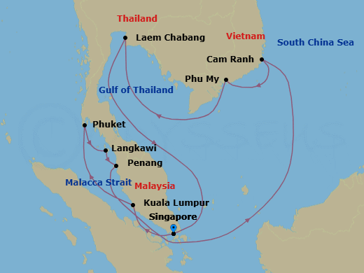 14 Night - Southeast Asia with Malaysia, Thailand & Vietnam - Diamond Princess - Starting in Singapore, Kuala Lumpur (Port Kelang), Malaysia, Phuket, Thailand, Langkawi, Malaysia, Penang, Malaysia, Cam Ranh (Nha Trang), Vietnam, Ho Chi Minh City (Phu My), Vietnam, Laem Chabang (for Bangkok), Thailand, Singapore itinerary map