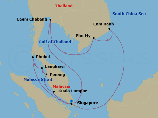 14 Night - Southeast Asia with Malaysia, Thailand & Vietnam - Diamond Princess - Starting in Singapore, Cam Ranh (Nha Trang), Vietnam, Ho Chi Minh City (Phu My), Vietnam, Laem Chabang (for Bangkok), Thailand, Phuket, Thailand, Langkawi, Malaysia, Penang, Malaysia, Kuala Lumpur (Port Kelang), Malaysia, Singapore itinerary map