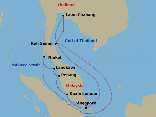 12 Night - Malaysia & Thailand - Diamond Princess - Starting in Singapore, Kuala Lumpur (Port Kelang), Malaysia, Penang, Malaysia, Langkawi, Malaysia, Phuket, Thailand, Ko Samui, Thailand, Laem Chabang (for Bangkok), Thailand, Singapore itinerary map