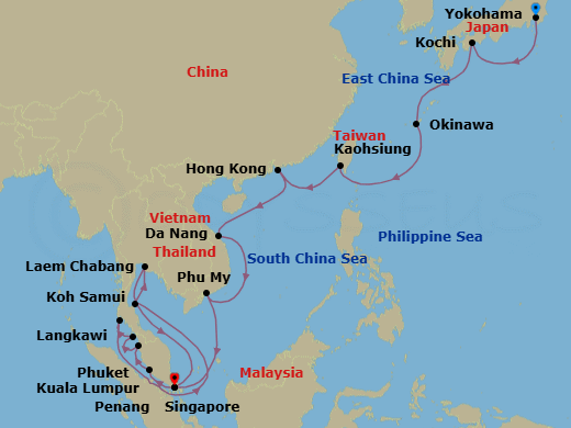 26 Night - Japan & Southeast Asia - Diamond Princess - Starting in Tokyo (Yokohama), Japan, Kochi, Japan, Okinawa, Japan, Kaohsiung, Taiwan, Hong Kong, Da Nang / Hue (Chan May), Vietnam, Ho Chi Minh City (Phu My), Vietnam, Singapore, Kuala Lumpur (Port Kelang), Malaysia, Penang, Malaysia, Langkawi, Malaysia, Phuket, Thailand, Ko Samui, Thailand, Laem Chabang (for Bangkok), Thailand, Singapore itinerary map