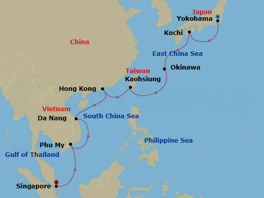14 Night - Southeast Asia & Japan - Diamond Princess - Starting in Tokyo (Yokohama), Japan, Kochi, Japan, Okinawa, Japan, Kaohsiung, Taiwan, Hong Kong, Da Nang / Hue (Chan May), Vietnam, Ho Chi Minh City (Phu My), Vietnam, Singapore itinerary map