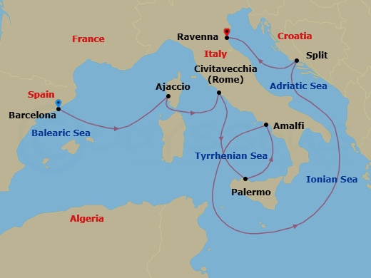 7 Night - Italy, France & Croatia Cruise - Mariner of the Seas - Starting in Barcelona, Spain, Ajaccio, Corsica, France, Rome (Civitavecchia), Italy, Sicily (Palermo), Italy, Amalfi Coast (Salerno), Italy, Split, Croatia, Ravenna, Italy itinerary map