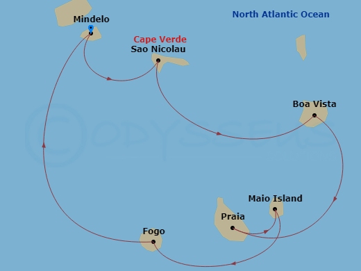 7 Night - The Many Faces of Cape Verde - Le Ponant - Starting in Mindelo, Sao Nicolau, Boa Vista, Praia, Maio, Fogo, Mindelo itinerary map