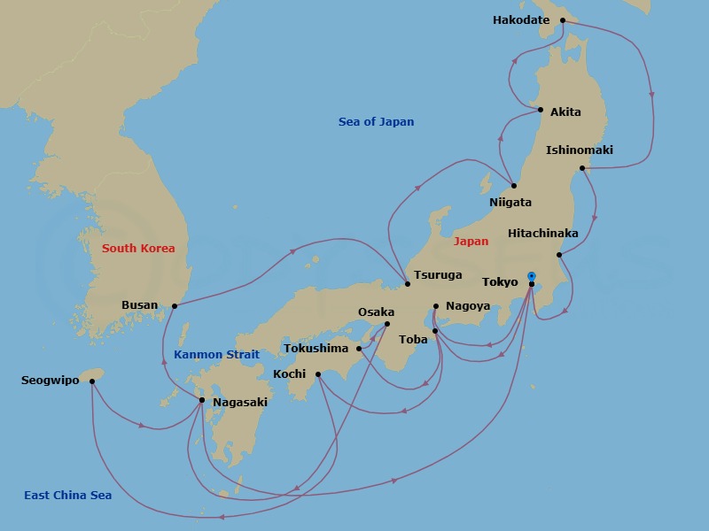 21 Night - Grand Circle Japan with Summer Festivals - Sapphire Princess - Starting in Tokyo, Japan, Nagoya, Japan, Tokushima, Japan, Osaka (for Kyoto), Japan, Nagasaki, Japan, Busan, South Korea, Tsuruga, Japan, Niigata, Japan, Akita, Japan, Hakodate, Japan, Ishinomaki, Japan, Hitachinaka (for Nikko), Japan, Tokyo, Japan, Toba, Japan, Kochi, Japan, Jeju (Seogwipo), South Korea, Nagasaki, Japan, Tokyo, Japan itinerary map