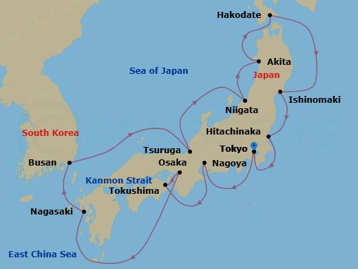 14 Night - Circle Japan with Summer Festivals - Sapphire Princess - Starting in Tokyo, Japan, Nagoya, Japan, Tokushima, Japan, Osaka (for Kyoto), Japan, Nagasaki, Japan, Busan, South Korea, Tsuruga, Japan, Niigata, Japan, Akita, Japan, Hakodate, Japan, Ishinomaki, Japan, Hitachinaka (for Nikko), Japan, Tokyo, Japan itinerary map
