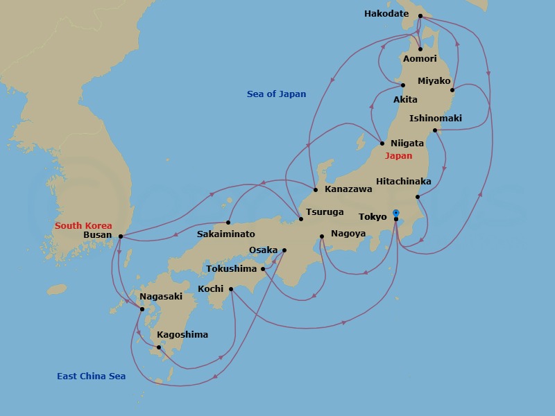 27 Night - Grand Circle Japan with Summer Festivals - Sapphire Princess - Starting in Tokyo, Japan, Miyako, Japan, Hakodate, Japan, Aomori, Japan, Kanazawa, Japan, Sakaiminato, Japan, Busan, South Korea, Nagasaki, Japan, Kagoshima, Japan, Kochi, Japan, Tokyo, Japan, Nagoya, Japan, Tokushima, Japan, Osaka (for Kyoto), Japan, Nagasaki, Japan, Busan, South Korea, Tsuruga, Japan, Niigata, Japan, Akita, Japan, Hakodate, Japan, Ishinomaki, Japan, Hitachinaka (for Nikko), Japan, Tokyo, Japan itinerary map