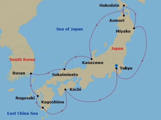 13 Night - Circle Japan with Summer Festivals - Sapphire Princess - Starting in Tokyo, Japan, Miyako, Japan, Hakodate, Japan, Aomori, Japan, Kanazawa, Japan, Sakaiminato, Japan, Busan, South Korea, Nagasaki, Japan, Kagoshima, Japan, Kochi, Japan, Tokyo, Japan itinerary map