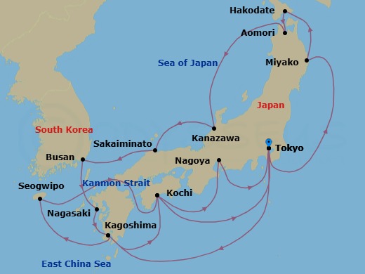 20 Night - Grand Circle Japan with Summer Festivals - Sapphire Princess - Starting in Tokyo, Japan, Kagoshima, Japan, Jeju (Seogwipo), South Korea, Kanmon Straits, Japan, Kochi, Japan, Nagoya, Japan, Tokyo, Japan, Miyako, Japan, Hakodate, Japan, Aomori, Japan, Kanazawa, Japan, Sakaiminato, Japan, Busan, South Korea, Nagasaki, Japan, Kagoshima, Japan, Kochi, Japan, Tokyo, Japan itinerary map