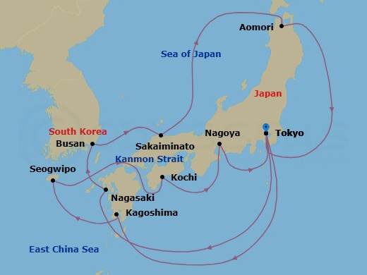 15 Night - Grand Japan - Sapphire Princess - Starting in Tokyo, Japan, Nagasaki, Japan, Busan, South Korea, Sakaiminato, Japan, Aomori, Japan, Tokyo, Japan, Kagoshima, Japan, Jeju (Seogwipo), South Korea, Kanmon Straits, Japan, Kochi, Japan, Nagoya, Japan, Tokyo, Japan itinerary map