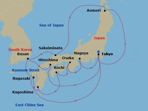 18 Night - Grand Japan - Sapphire Princess - Starting in Tokyo, Japan, Nagoya, Japan, Osaka (for Kyoto), Japan, Kochi, Japan, Kagoshima, Japan, Nagasaki, Japan, Busan, South Korea, Kanmon Straits, Japan, Hiroshima, Japan, Tokyo, Japan, Nagasaki, Japan, Busan, South Korea, Sakaiminato, Japan, Aomori, Japan, Tokyo, Japan itinerary map