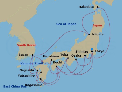 21 Night - Grand Circle Japan - Sapphire Princess - Starting in Tokyo, Japan, Toba, Japan, Kochi, Japan, Kagoshima, Japan, Yatsushiro, Japan, Busan, South Korea, Kanmon Straits, Japan, Hiroshima, Japan, Osaka (for Kyoto), Japan, Tokyo, Japan, Hakodate, Japan, Niigata, Japan, Busan, South Korea, Nagasaki, Japan, Kagoshima, Japan, Kochi, Japan, Shimizu (for Mount Fuji), Japan, Tokyo, Japan itinerary map