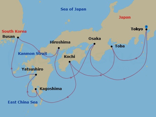 11 Night - Japan Explorer - Sapphire Princess - Starting in Tokyo, Japan, Toba, Japan, Kochi, Japan, Kagoshima, Japan, Yatsushiro, Japan, Busan, South Korea, Kanmon Straits, Japan, Hiroshima, Japan, Osaka (for Kyoto), Japan, Tokyo, Japan itinerary map