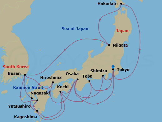 22 Night - Grand Circle Japan - Sapphire Princess - Starting in Tokyo, Japan, Hakodate, Japan, Niigata, Japan, Busan, South Korea, Nagasaki, Japan, Kagoshima, Japan, Kochi, Japan, Osaka (for Kyoto), Japan, Shimizu (for Mount Fuji), Japan, Tokyo, Japan, Toba, Japan, Kochi, Japan, Kagoshima, Japan, Yatsushiro, Japan, Busan, South Korea, Kanmon Straits, Japan, Hiroshima, Japan, Osaka (for Kyoto), Japan, Tokyo, Japan itinerary map