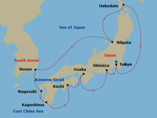 11 Night - Circle Japan - Sapphire Princess - Starting in Tokyo, Japan, Hakodate, Japan, Niigata, Japan, Busan, South Korea, Nagasaki, Japan, Kagoshima, Japan, Kochi, Japan, Osaka (for Kyoto), Japan, Shimizu (for Mount Fuji), Japan, Tokyo, Japan itinerary map