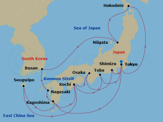 18 Night - Grand Japan - Sapphire Princess - Starting in Tokyo, Japan, Toba, Japan, Kochi, Japan, Jeju (Seogwipo), South Korea, Kagoshima, Japan, Tokyo, Japan, Hakodate, Japan, Niigata, Japan, Busan, South Korea, Nagasaki, Japan, Kagoshima, Japan, Kochi, Japan, Osaka (for Kyoto), Japan, Shimizu (for Mount Fuji), Japan, Tokyo, Japan itinerary map