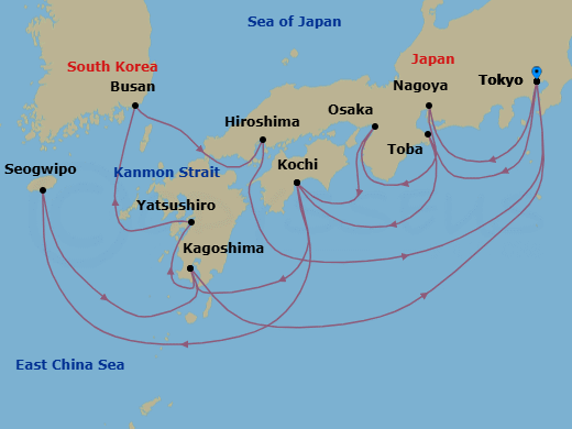 17 Night - Grand Japan - Sapphire Princess - Starting in Tokyo, Japan, Nagoya, Japan, Osaka (for Kyoto), Japan, Kochi, Japan, Kagoshima, Japan, Yatsushiro, Japan, Busan, South Korea, Kanmon Straits, Japan, Hiroshima, Japan, Tokyo, Japan, Toba, Japan, Kochi, Japan, Jeju (Seogwipo), South Korea, Kagoshima, Japan, Tokyo, Japan itinerary map