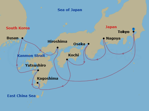 10 Night - Japan Explorer - Sapphire Princess - Starting in Tokyo, Japan, Nagoya, Japan, Osaka (for Kyoto), Japan, Kochi, Japan, Kagoshima, Japan, Yatsushiro, Japan, Busan, South Korea, Kanmon Straits, Japan, Hiroshima, Japan, Tokyo, Japan itinerary map