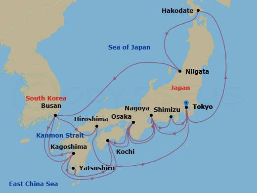 22 Night - Grand Circle Japan - Sapphire Princess - Starting in Tokyo, Japan, Hakodate, Japan, Niigata, Japan, Busan, South Korea, Yatsushiro, Japan, Kochi, Japan, Osaka (for Kyoto), Japan, Nagoya, Japan, Shimizu (for Mount Fuji), Japan, Tokyo, Japan, Nagoya, Japan, Osaka (for Kyoto), Japan, Kochi, Japan, Kagoshima, Japan, Yatsushiro, Japan, Busan, South Korea, Kanmon Straits, Japan, Hiroshima, Japan, Tokyo, Japan itinerary map