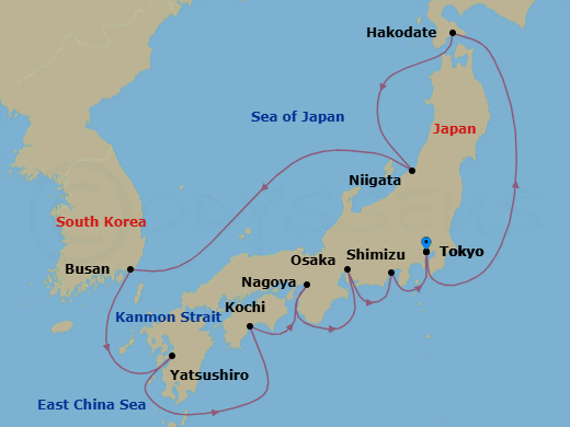 12 Night - Circle Japan - Sapphire Princess - Starting in Tokyo, Japan, Hakodate, Japan, Niigata, Japan, Busan, South Korea, Yatsushiro, Japan, Kochi, Japan, Osaka (for Kyoto), Japan, Nagoya, Japan, Shimizu (for Mount Fuji), Japan, Tokyo, Japan itinerary map
