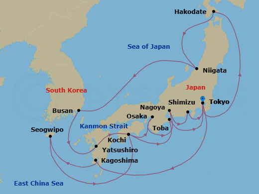 19 Night - Grand Circle Japan - Sapphire Princess - Starting in Tokyo, Japan, Kagoshima, Japan, Jeju (Seogwipo), South Korea, Kanmon Straits, Japan, Kochi, Japan, Toba, Japan, Tokyo, Japan, Hakodate, Japan, Niigata, Japan, Busan, South Korea, Yatsushiro, Japan, Kochi, Japan, Osaka (for Kyoto), Japan, Nagoya, Japan, Shimizu (for Mount Fuji), Japan, Tokyo, Japan itinerary map