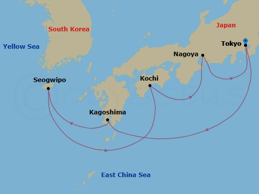 7 Night - Japan & Korea - Sapphire Princess - Starting in Tokyo, Japan, Kagoshima, Japan, Jeju (Seogwipo), South Korea, Kanmon Straits, Japan, Kochi, Japan, Nagoya, Japan, Tokyo, Japan itinerary map