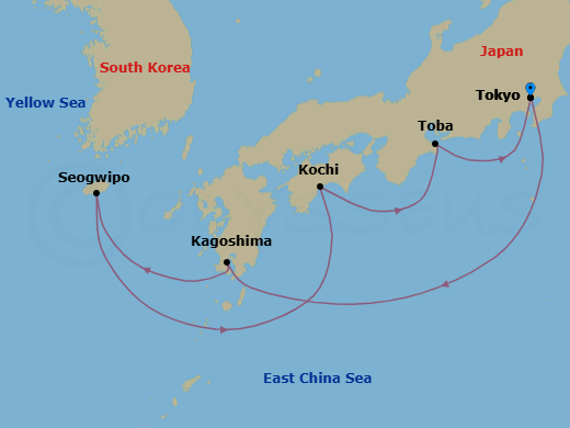 7 Night - Japan & Korea - Sapphire Princess - Starting in Tokyo, Japan, Kagoshima, Japan, Jeju (Seogwipo), South Korea, Kanmon Straits, Japan, Kochi, Japan, Toba, Japan, Tokyo, Japan itinerary map