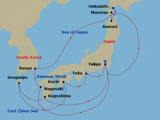 16 Night - Grand Circle Japan Cherry Blossoms - Sapphire Princess - Starting in Tokyo, Japan, Aomori, Japan, Muroran, Japan, Hakodate, Japan, Busan, South Korea, Nagasaki, Japan, Tokyo, Japan, Kagoshima, Japan, Jeju (Seogwipo), South Korea, Kanmon Straits, Japan, Kochi, Japan, Toba, Japan, Tokyo, Japan itinerary map