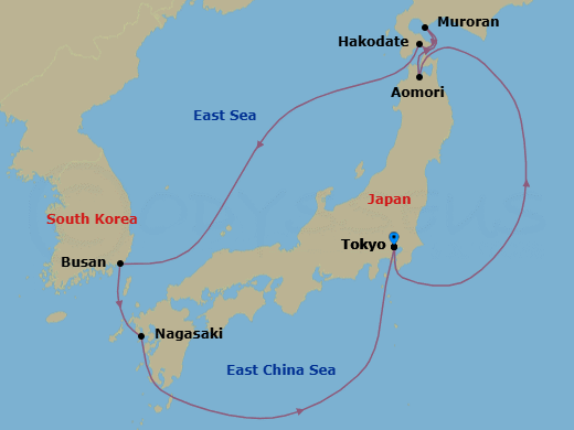 9 Night - Hokkaido Cherry Blossoms - Sapphire Princess - Starting in Tokyo, Japan, Aomori, Japan, Muroran, Japan, Hakodate, Japan, Busan, South Korea, Nagasaki, Japan, Tokyo, Japan itinerary map