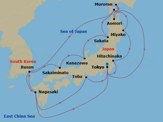 20 Night - Grand Circle Japan Cherry Blossoms - Sapphire Princess - Starting in Tokyo, Japan, Toba, Japan, Nagasaki, Japan, Busan, South Korea, Sakaiminato, Japan, Kanazawa, Japan, Sakata, Japan, Hakodate, Japan, Miyako, Japan, Hitachinaka (for Nikko), Japan, Tokyo, Japan, Aomori, Japan, Muroran, Japan, Hakodate, Japan, Busan, South Korea, Nagasaki, Japan, Tokyo, Japan itinerary map