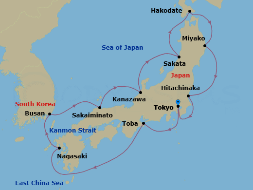 11 Night - Circle Japan Cherry Blossoms - Sapphire Princess - Starting in Tokyo, Japan, Toba, Japan, Nagasaki, Japan, Busan, South Korea, Sakaiminato, Japan, Kanazawa, Japan, Sakata, Japan, Hakodate, Japan, Miyako, Japan, Hitachinaka (for Nikko), Japan, Tokyo, Japan itinerary map
