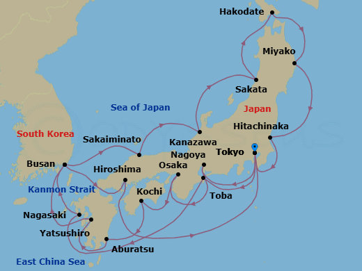 21 Night - Grand Circle Japan Cherry Blossoms - Sapphire Princess - Starting in Tokyo, Japan, Nagoya, Japan, Osaka (for Kyoto), Japan, Kochi, Japan, Miyazaki (Aburatsu), Japan, Yatsushiro, Japan, Busan, South Korea, Kanmon Straits, Japan, Hiroshima, Japan, Tokyo, Japan, Toba, Japan, Nagasaki, Japan, Busan, South Korea, Sakaiminato, Japan, Kanazawa, Japan, Sakata, Japan, Hakodate, Japan, Miyako, Japan, Hitachinaka (for Nikko), Japan, Tokyo, Japan itinerary map